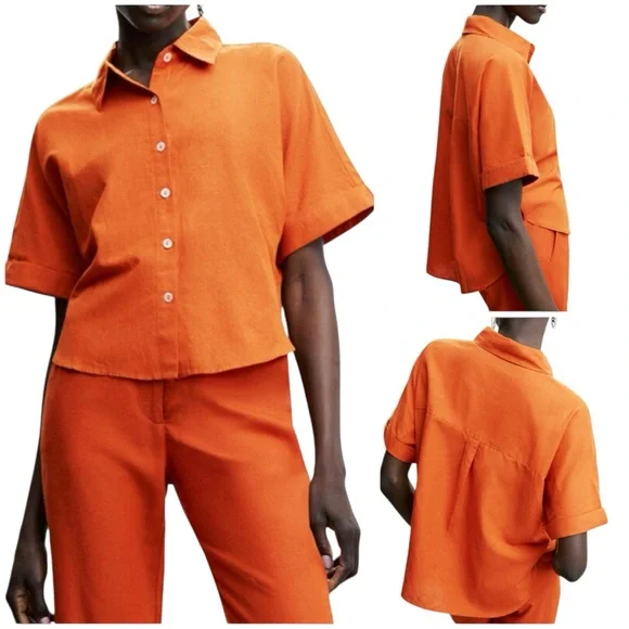 Mango Oversized Orange Linen Blend Short Sleeve Button-Up Shirt Size 2 - Picture 2 of 12